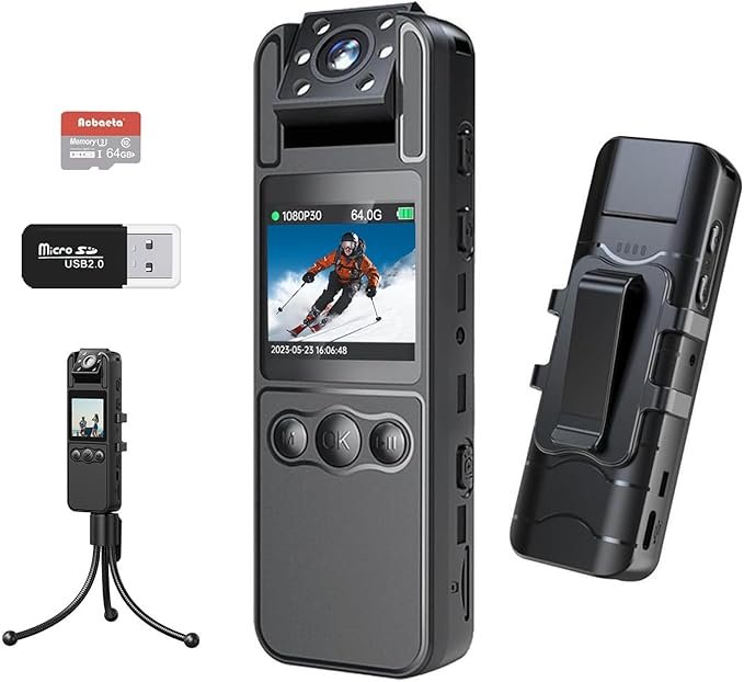 Mini Body Camera with 64GB High-Spec SD Card【1.4'' Color Screen】, Bodycam, FHD 1080P Body Cam, 180° Rotating Lens, Night Vision, Motion Detection, Large Battery, Camcorder for Police/Cycling/Travel
