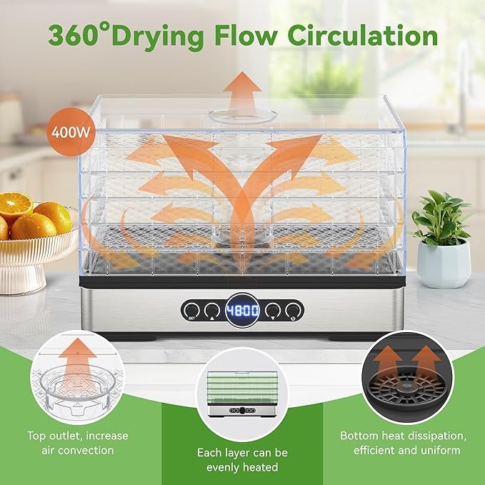 Food Dehydrator for Jerky, 5 BPA-Free Trays 400W Small Dehydrator Machine for Meat, Fruits, Mushroom, Herbs, Dog Treats, Digital Adjustable Timer & Temperature Control, Recipes Book included