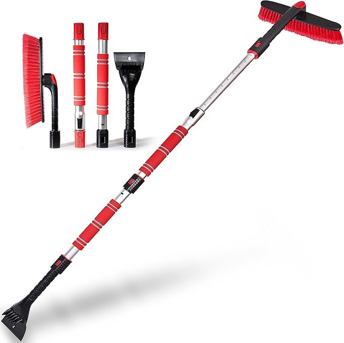Zone Tech Extendable Snow Brush and Ice Scraper for Car, 62" 2-1 and Adjustable Length, Rotating Brush Head, Red Foam Grip, Perfect Accessories for Winter Snow and Ice Remover for Car, SUVs