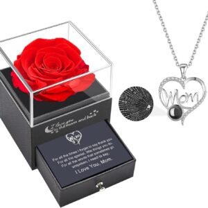 Mom Gifts, Preserved Rose Flower with I Love You 100 Languages Heart Necklace, Eternal Rose Flowers Mothers Day Gifts for Mom from Daughter Son