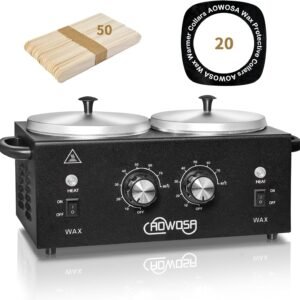 Professional Hair Removal Kit - Wax Warmer Machine with Double Pot, Large Capacity for Spa Salon and Home Use, Non-Stick Easy Clean Pots, 50 Sticks & 20 Collars (Black)