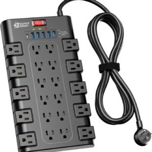 SUPERDANNY Surge Protector Power Bar with 22 Outlets & 6 USB Charging Ports – Mountable Power Strip with Flat Plug, 2100 Joules Surge Protection, 6.5Ft Heavy Duty Extension Cord for Home, Office & Dorm (Black)